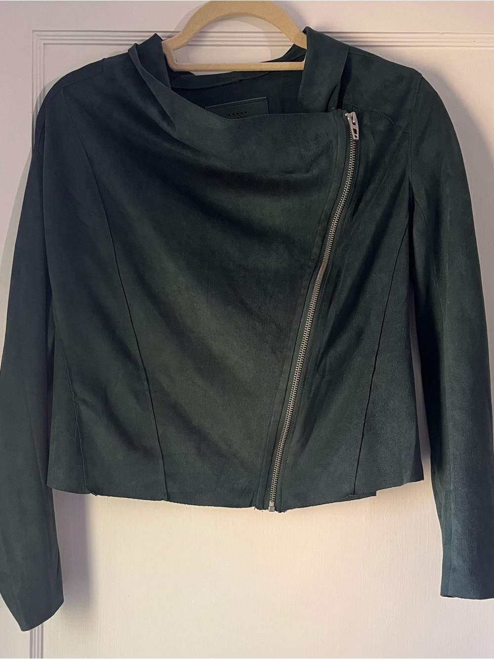 Blank NYC Jewel Toned Asymmetrical Faux Suede Drape Zip Front Jacket- Deep Green